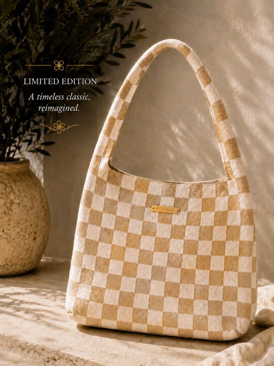 Kopari Handbags - NEW Kopari Limited Edition Checkered Knit Tote Cream Tan Resort Shoulder Bag